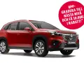 Röd Suzuki S-Cross på vit bakgrund. Erbjudande om uppgradering och rabatt syns i en röd cirkel.