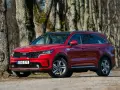 Röd Kia Sorento parkerad längs en trädkantad grusväg. En person syns i bakgrunden, kanske på väg att undersöka ett eventuellt kia sorento problem.