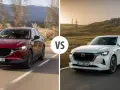 Två Mazda CX-60 laddhybrid på väg. En röd på en slingrig väg med träd och en vit i ett torrt landskap.