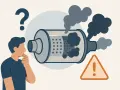 Man funderar på igensatt partikelfilter symptom. Rök kommer ur avgasröret, varningstriangel syns.