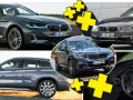 Flera BMW-modeller visas, inklusive en blå X3 och en grå kombi. En annan grå SUV, möjligen en BMW X1, har ett problem.