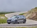 Grå Skoda Karoq på en slingrig bergsväg, omgiven av dimma och grönska. Inga problem här, bara en vacker utsikt.