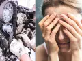 Mekaniskt arbete med byte av kamrem. En kvinna med händerna för ansiktet, orolig över bilreparationen.