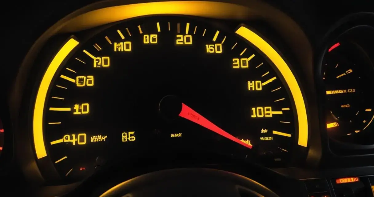 Bilens instrumentpanel lyser gult. Hastighetsmätaren visar 109 km/h. ABS-lampan lyser, vilket indikerar ett problem med bromssystemet.