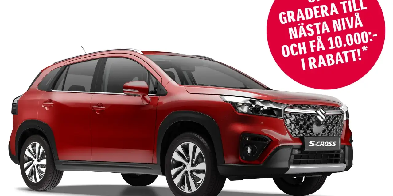Röd Suzuki S-Cross på vit bakgrund. Erbjudande om uppgradering och rabatt syns i en röd cirkel.