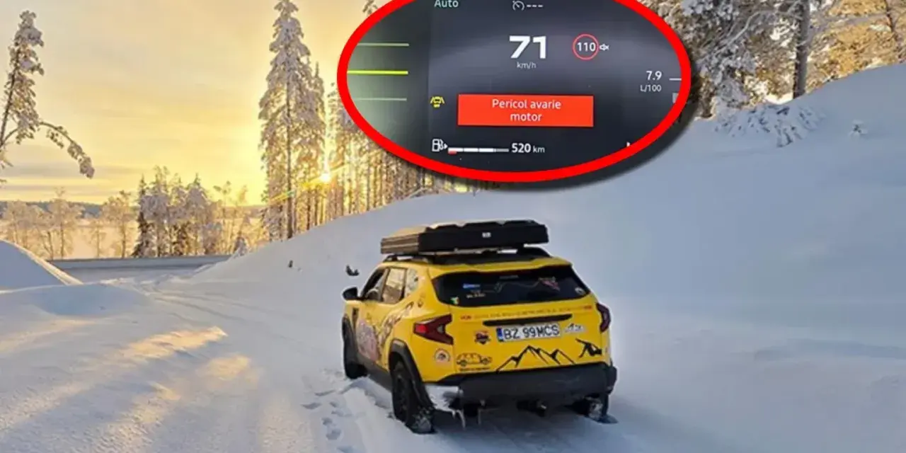 Gul Dacia Duster i snölandskap med motorvarning. Ett dacia duster problem som inte stoppar äventyret.