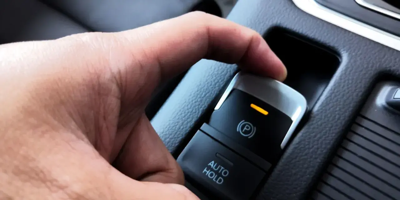 En hand trycker på knappen för elektronisk handbroms som låst sig. En orange lampa lyser.