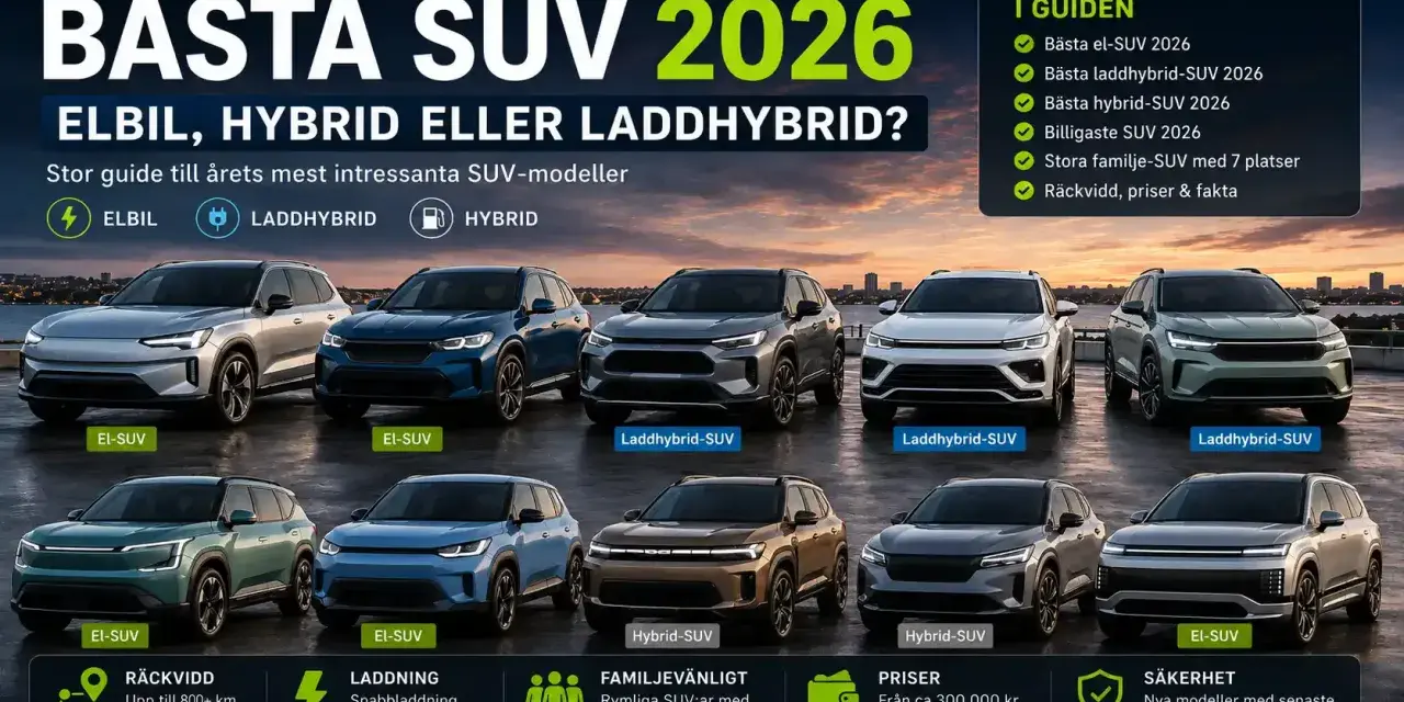 Guide till bästa laddhybrid SUV 2026. Flera modeller visas, med fokus på räckvidd, laddning och familjevänlighet.