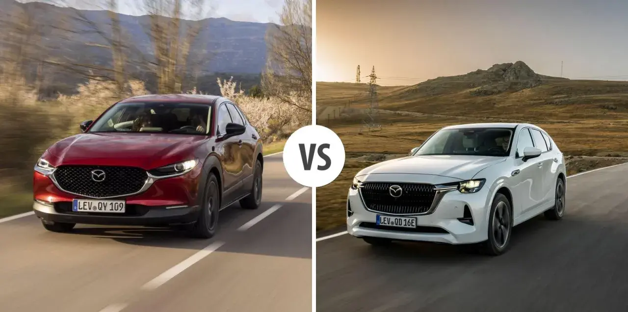 Två Mazda CX-60 laddhybrid på väg. En röd på en slingrig väg med träd och en vit i ett torrt landskap.