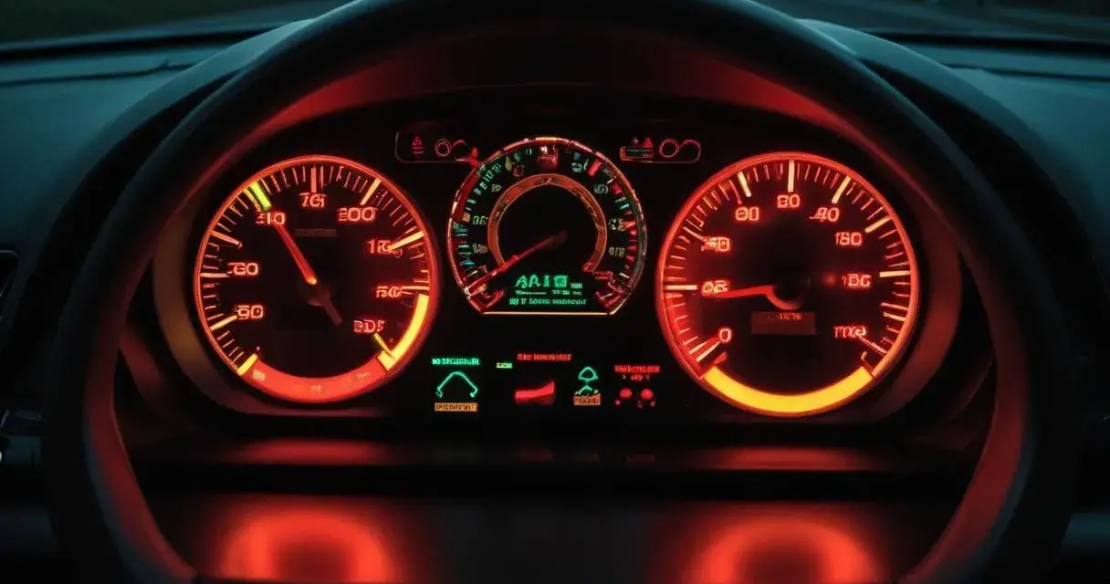 Bilens instrumentpanel lyser i rött. Motorlampan lyser, vilket indikerar ett problem. Hastighetsmätaren visar 70 km/h.