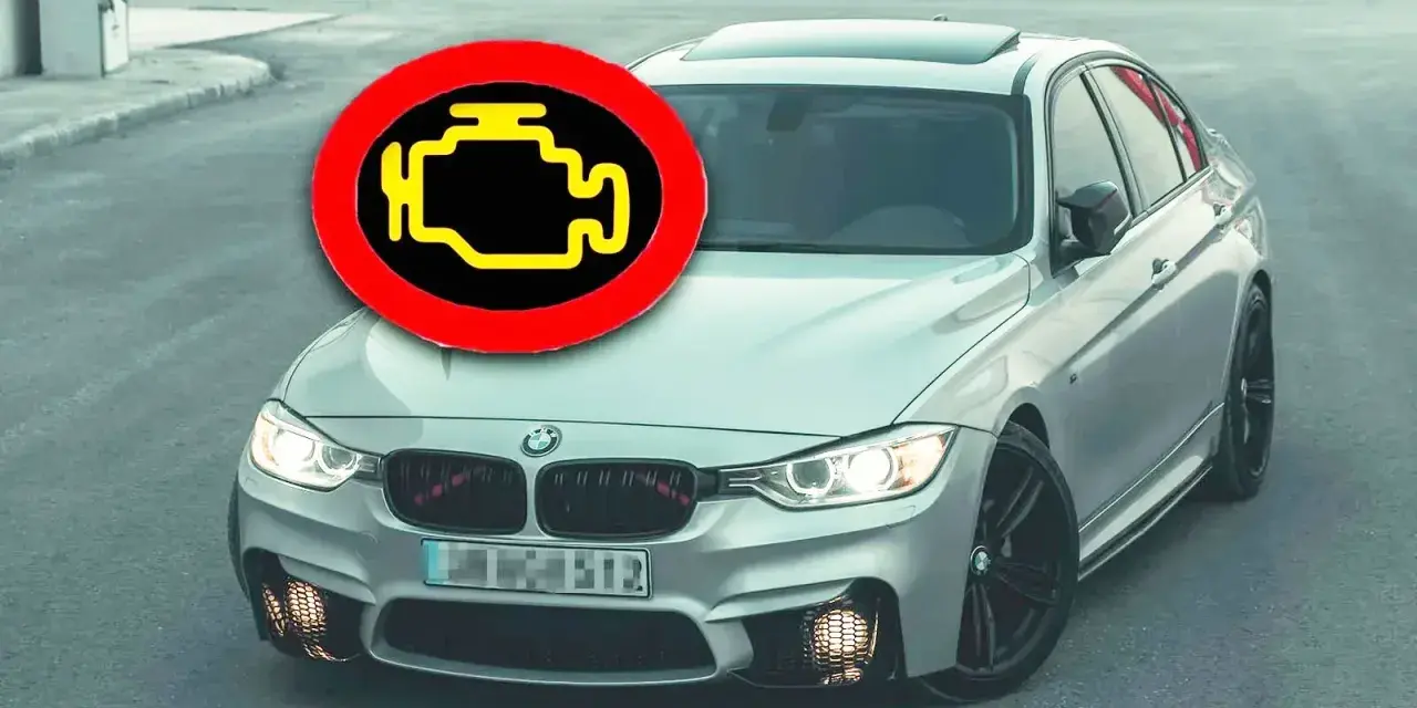 Motorlampan lyser, bilen går ryckigt. En BMW med motorlampan tänd och en varningstriangel som indikerar problem.