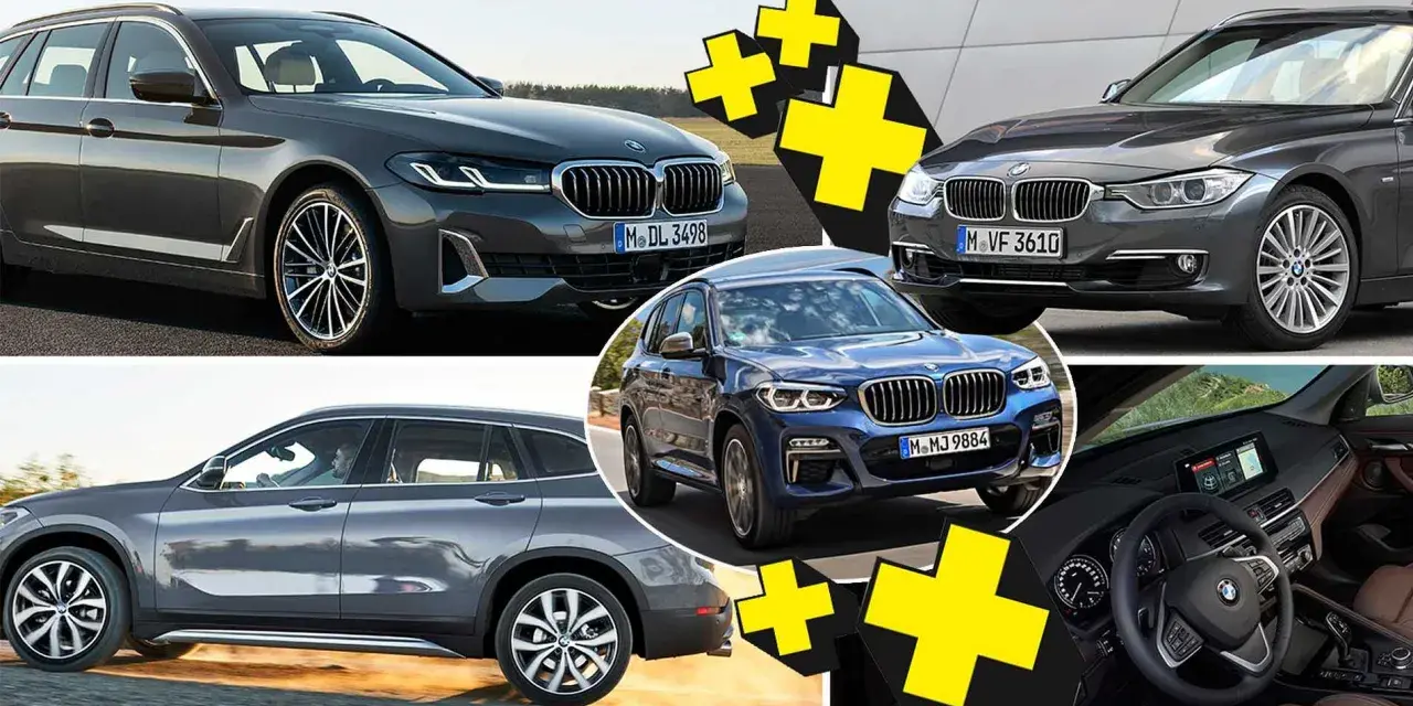 Flera BMW-modeller visas, inklusive en blå X3 och en grå kombi. En annan grå SUV, möjligen en BMW X1, har ett problem.