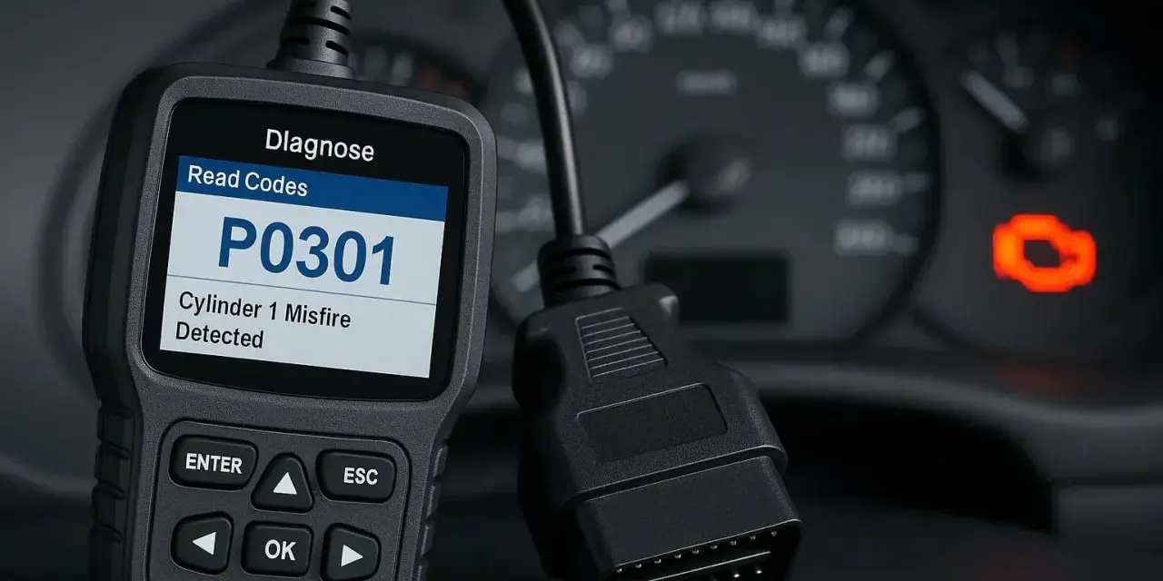 Diagnostikverktyg visar OBD2 felkoder på svenska: P0301, cylinder 1 misständning. Motorlampan lyser.