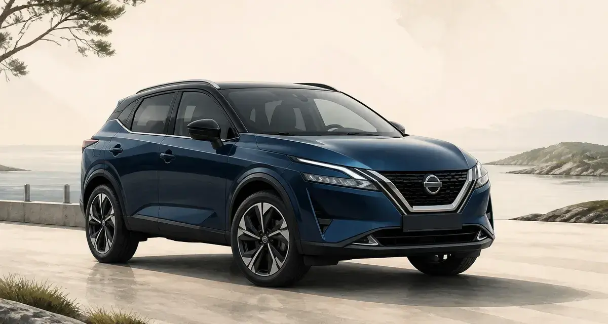 En mörkblå Nissan Qashqai står vid en kust. Inga problem syns med bilen, den ser perfekt ut.