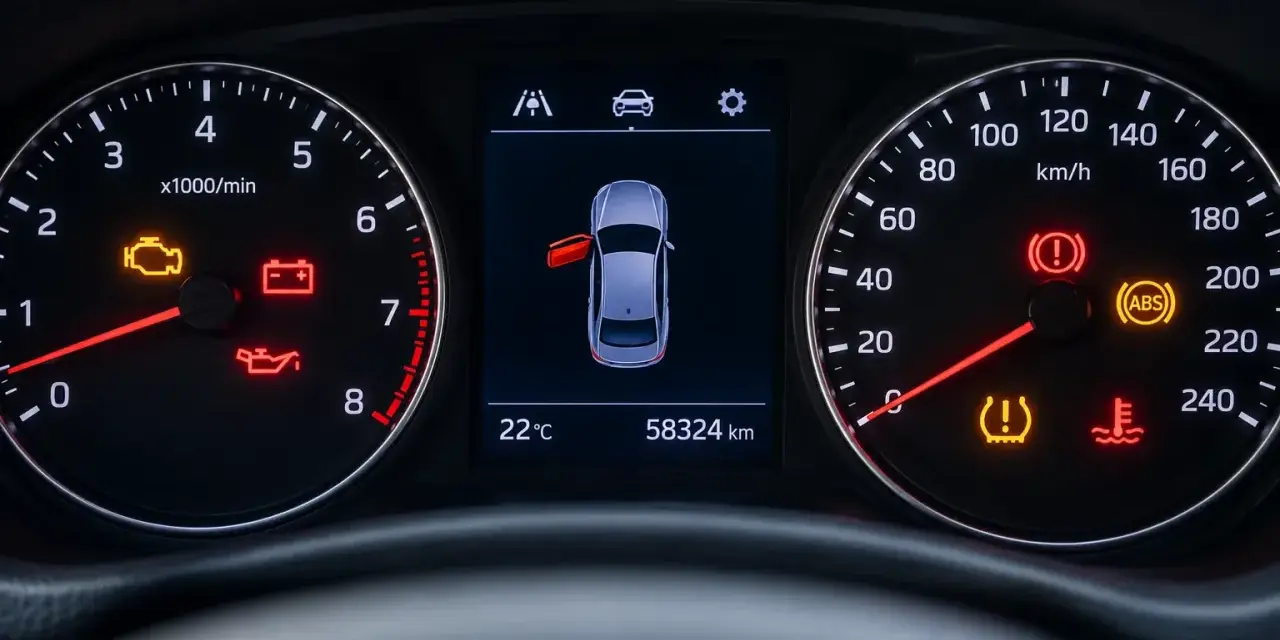 Varningslampa bil lyser för motor, batteri, oljetryck, ABS och däcktryck. En dörr är öppen.