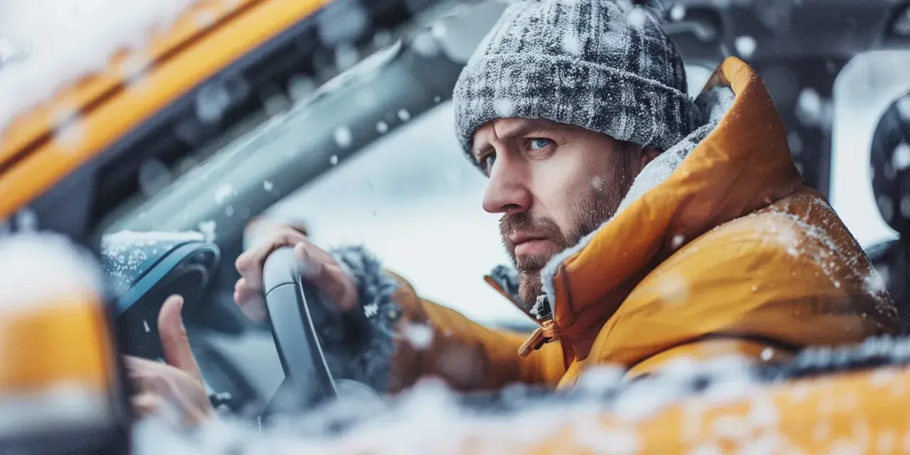 Man i gul jacka och mössa sitter i bil i snöstorm. Bilen startar inte, startmotorn går runt.