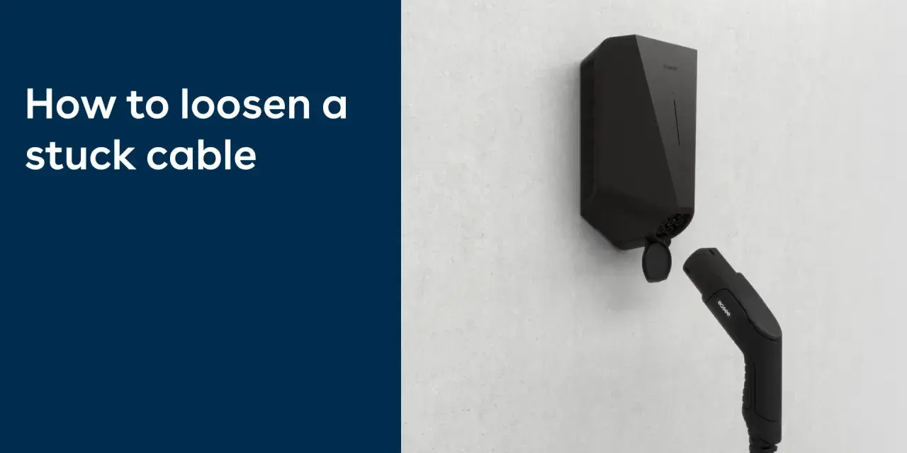 En svart Easee laddbox med en laddkabel som sitter fast. Texten "How to loosen a stuck cable" visas.