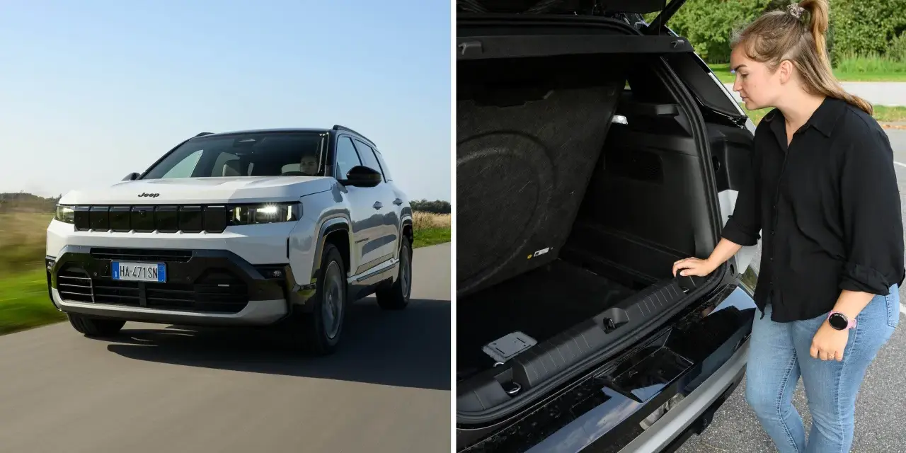 Vit Jeep Compass kör på en väg, en kvinna inspekterar bagageutrymmet. En del av en jeep compass test.