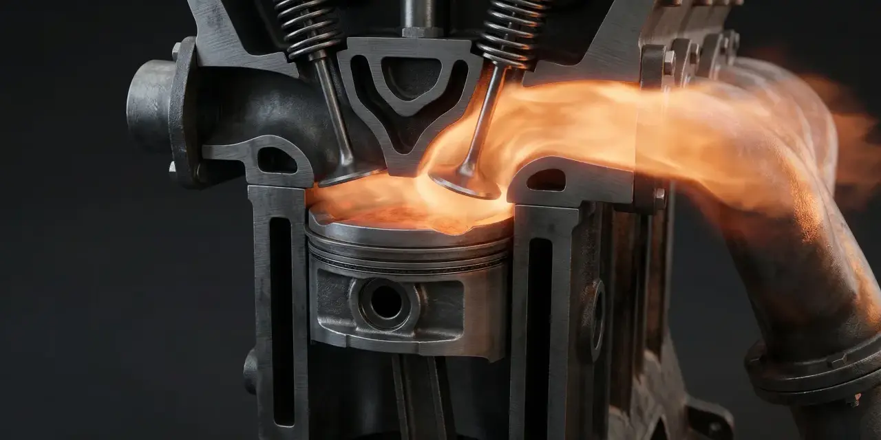En motorcylinder i genomskärning visar en kolv som pressas uppåt, med en flamma som strömmar ut ur avgasventilen. Man kan nästan höra det tickande ljudet från motorn.