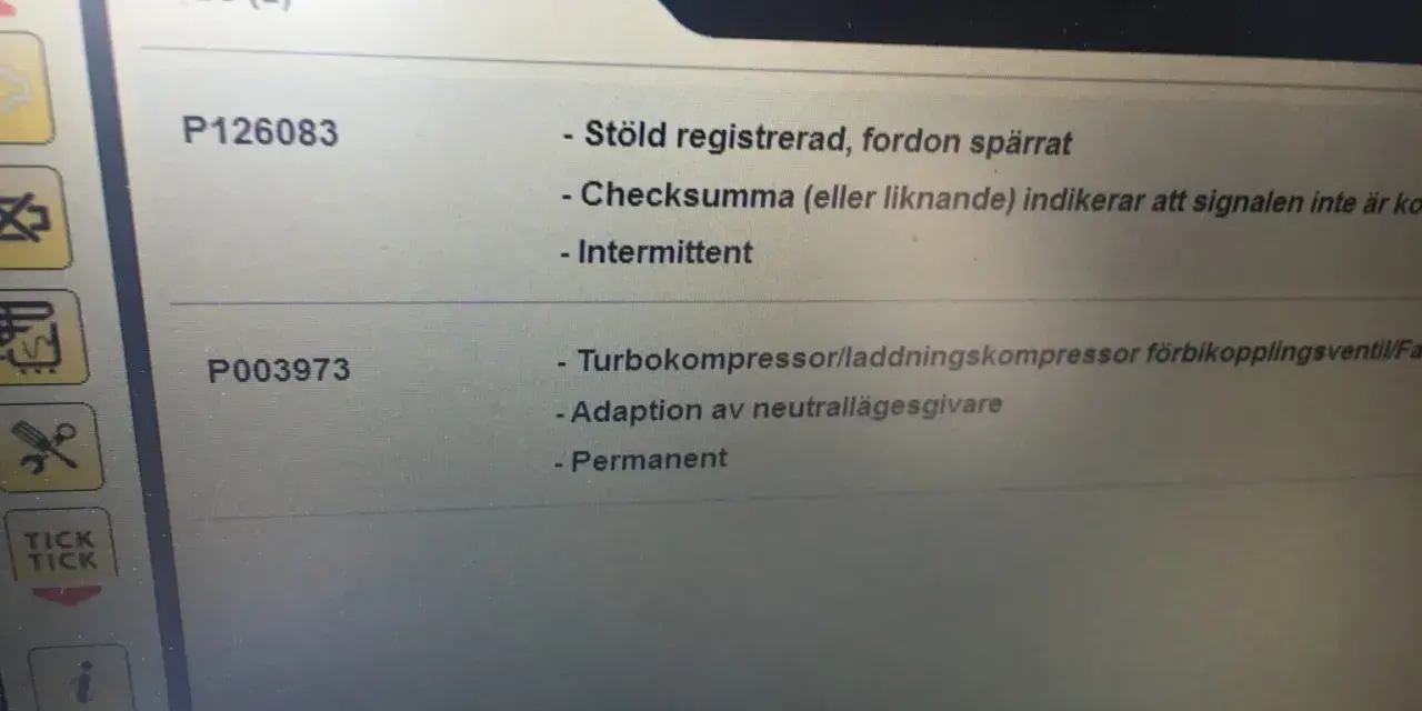 Volvo Powershift problem: felkoder P126083 (stöldskydd) och P003973 (turbokompressor/laddningskompressor).