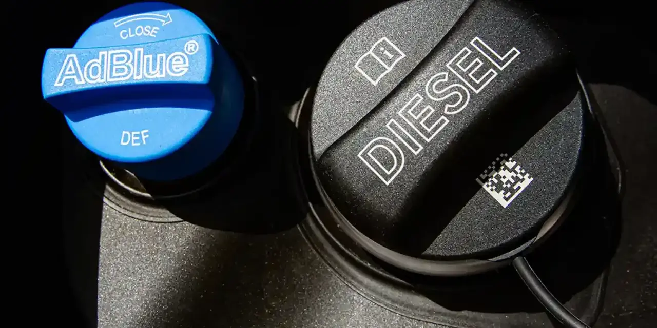 Två tanklock, ett blått för AdBlue och ett svart för diesel. Om adblue lampan slocknar inte, kan det vara dags att fylla på.