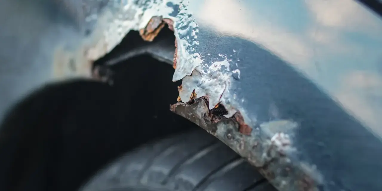 Detaljerad bild av rostskador på en bilskärm, en tydlig indikation på att det är dags att laga rost på bilen. Däcket syns nedtill.