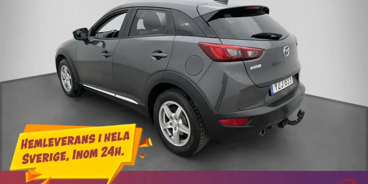 Grå Mazda CX-3, YZJ 655, med dragkrok. Hemleverans i hela Sverige inom 24h.