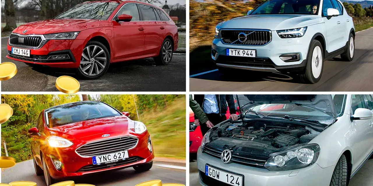Fyra bilar visas. En röd Skoda, en ljusblå Volvo, en röd Ford och en silverfärgad VW med öppen motorhuv. Vilken bil har kamkedja eller kamrem?