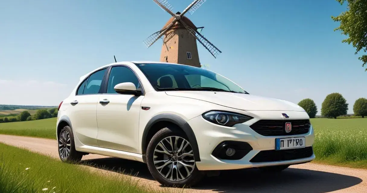 Vit Fiat Tipo står vid en grusväg med en väderkvarn i bakgrunden. Kanske ett litet fiat tipo problem med att hitta rätt väg?
