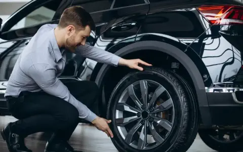 Man inspekterar däcket på en svart bil, redo för ett kumho ecsta ps71 test.