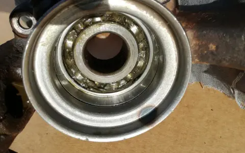Close-up of a car wheel bearing with grease.