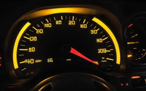 Bilens instrumentpanel lyser gult. Hastighetsmätaren visar 109 km/h. ABS-lampan lyser, vilket indikerar ett problem med bromssystemet.