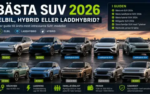 Guide till bästa laddhybrid SUV 2026. Flera modeller visas, med fokus på räckvidd, laddning och familjevänlighet.