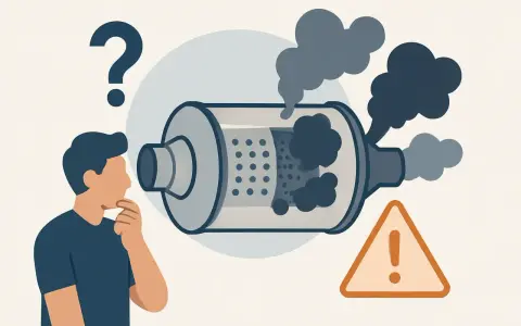 Man funderar på igensatt partikelfilter symptom. Rök kommer ur avgasröret, varningstriangel syns.