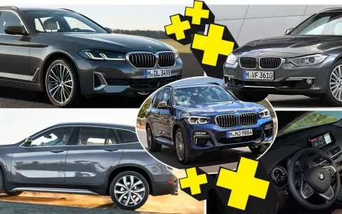 Flera BMW-modeller visas, inklusive en blå X3 och en grå kombi. En annan grå SUV, möjligen en BMW X1, har ett problem.