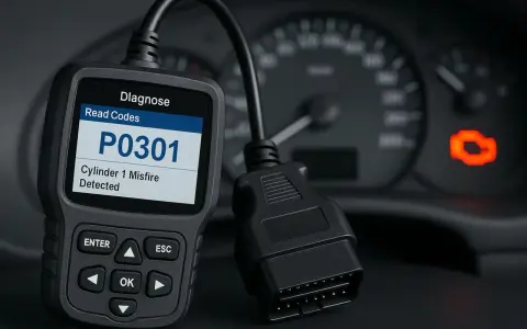 Diagnostikverktyg visar OBD2 felkoder på svenska: P0301, cylinder 1 misständning. Motorlampan lyser.