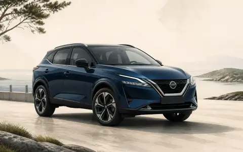 En mörkblå Nissan Qashqai står vid en kust. Inga problem syns med bilen, den ser perfekt ut.