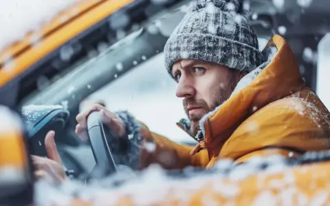 Man i gul jacka och mössa sitter i bil i snöstorm. Bilen startar inte, startmotorn går runt.