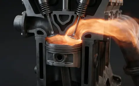 En motorcylinder i genomskärning visar en kolv som pressas uppåt, med en flamma som strömmar ut ur avgasventilen. Man kan nästan höra det tickande ljudet från motorn.