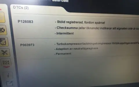 Volvo Powershift problem: felkoder P126083 (stöldskydd) och P003973 (turbokompressor/laddningskompressor).
