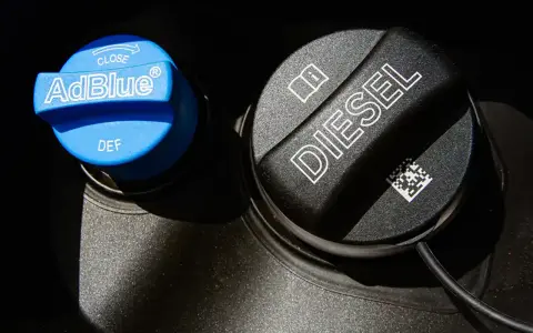 Två tanklock, ett blått för AdBlue och ett svart för diesel. Om adblue lampan slocknar inte, kan det vara dags att fylla på.