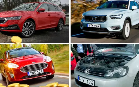 Fyra bilar visas. En röd Skoda, en ljusblå Volvo, en röd Ford och en silverfärgad VW med öppen motorhuv. Vilken bil har kamkedja eller kamrem?