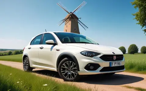 Vit Fiat Tipo står vid en grusväg med en väderkvarn i bakgrunden. Kanske ett litet fiat tipo problem med att hitta rätt väg?