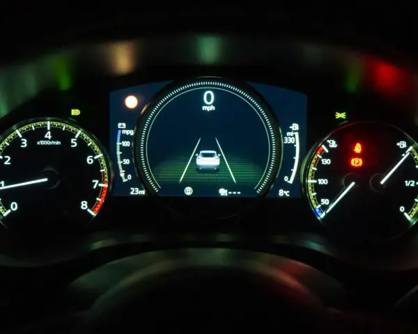 Instrumentpanel visar att epc lampan lyser och bilen hackar. Hastighetsmätaren visar 0 mph.