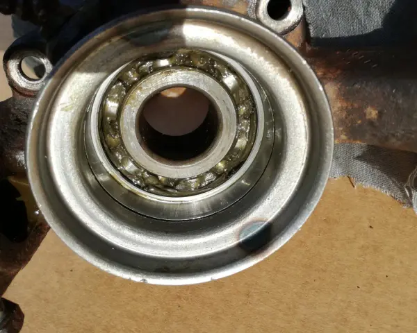 Close-up of a car wheel bearing with grease.
