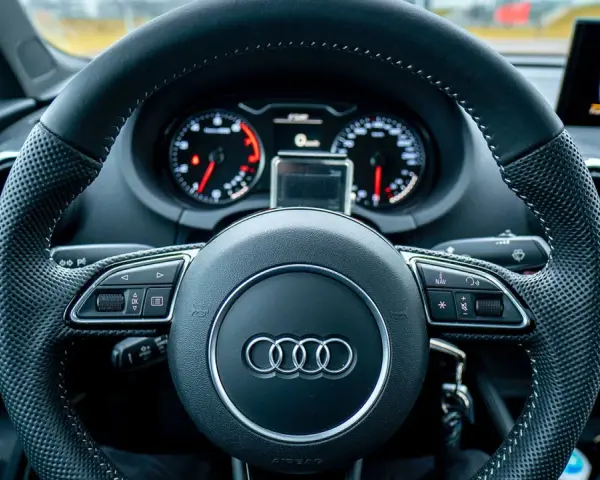 Ratt i Audi A3 med instrumentpanel och skärm. Vanliga fel på Audi A3 kan inkludera problem med elektronik och motor.
