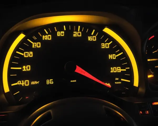 Bilens instrumentpanel lyser gult. Hastighetsmätaren visar 109 km/h. ABS-lampan lyser, vilket indikerar ett problem med bromssystemet.