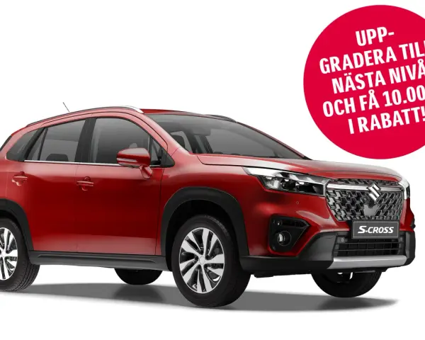 Röd Suzuki S-Cross på vit bakgrund. Erbjudande om uppgradering och rabatt syns i en röd cirkel.