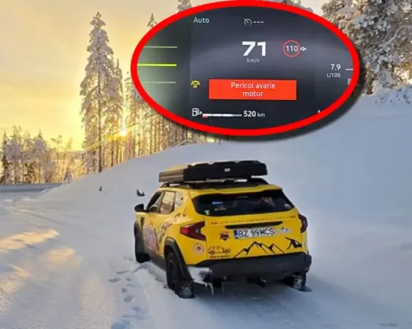 Gul Dacia Duster i snölandskap med motorvarning. Ett dacia duster problem som inte stoppar äventyret.