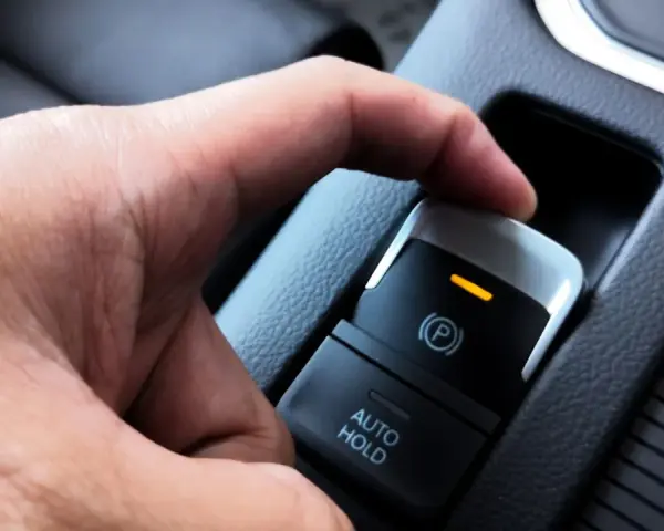 En hand trycker på knappen för elektronisk handbroms som låst sig. En orange lampa lyser.